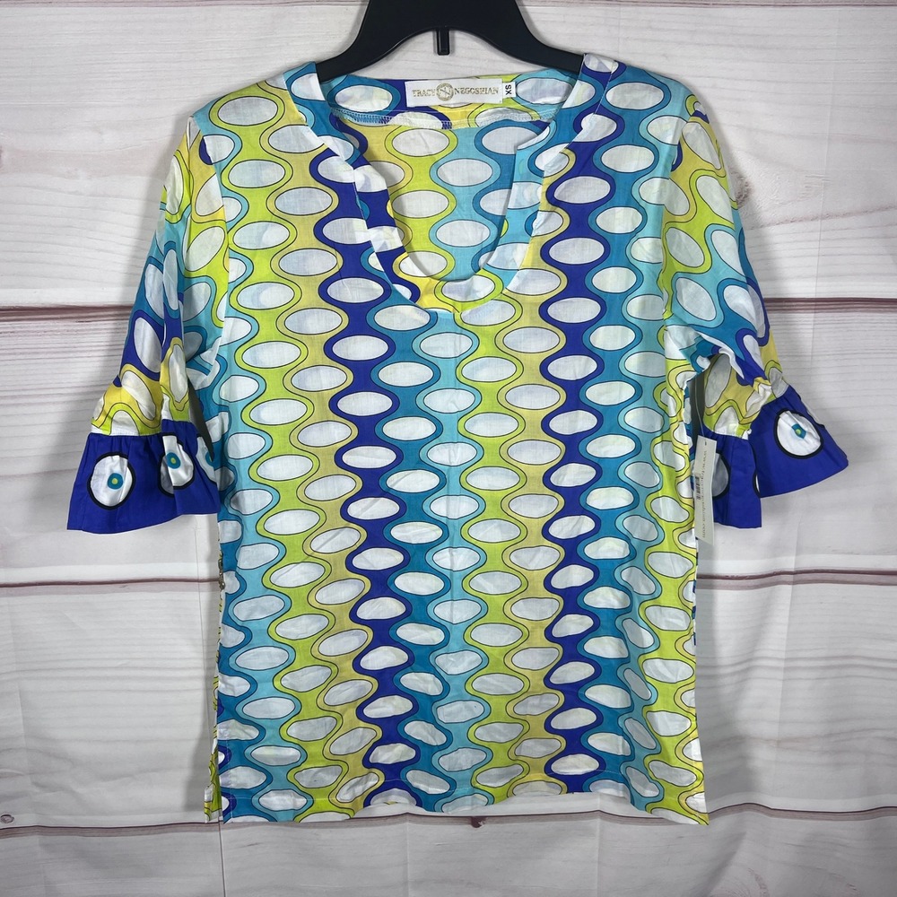Tracy Negoshian Top Women XS Multicolor Geometric Bell Sleeve Cotton Blouse